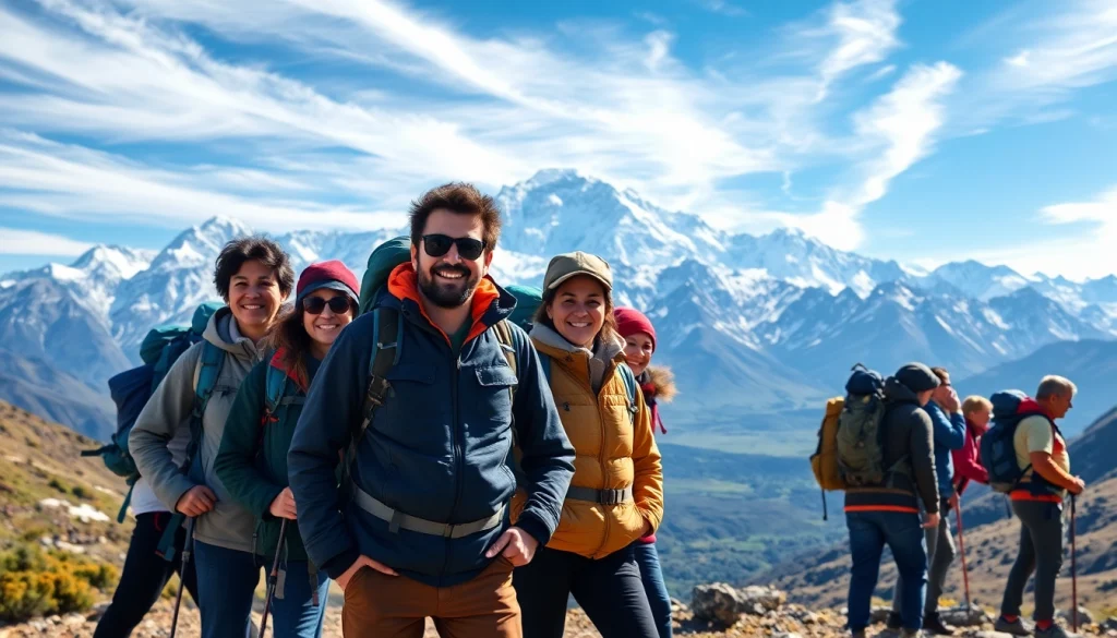 Group of trekkers on the mount Everest base camp trek, surrounded by majestic Himalayan peaks and vibrant blue skies.