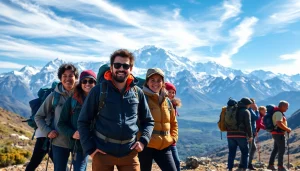 Group of trekkers on the mount Everest base camp trek, surrounded by majestic Himalayan peaks and vibrant blue skies.