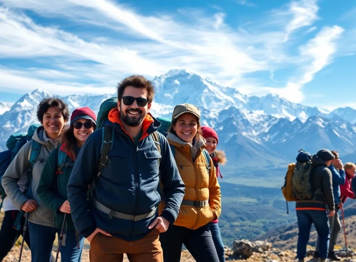 Group of trekkers on the mount Everest base camp trek, surrounded by majestic Himalayan peaks and vibrant blue skies.