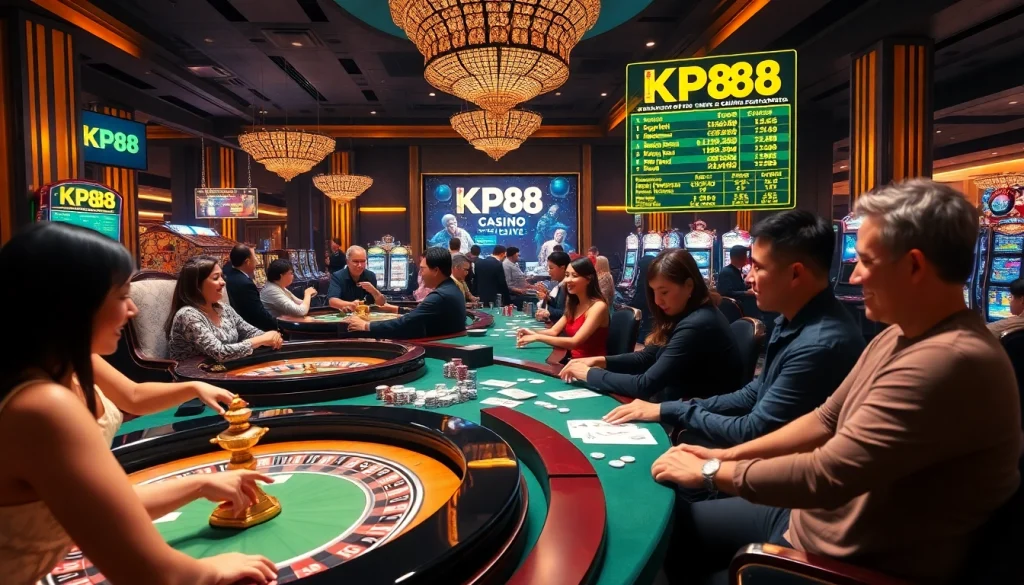 An engaging casino scene highlighting KP88 with players enjoying roulette and poker, radiating excitement.