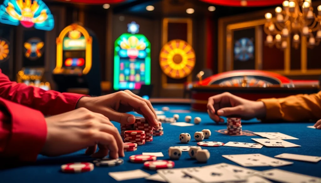 Engaging players strategizing their bets at a casino table featuring S8 poker chips and cards.