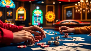 Engaging players strategizing their bets at a casino table featuring S8 poker chips and cards.