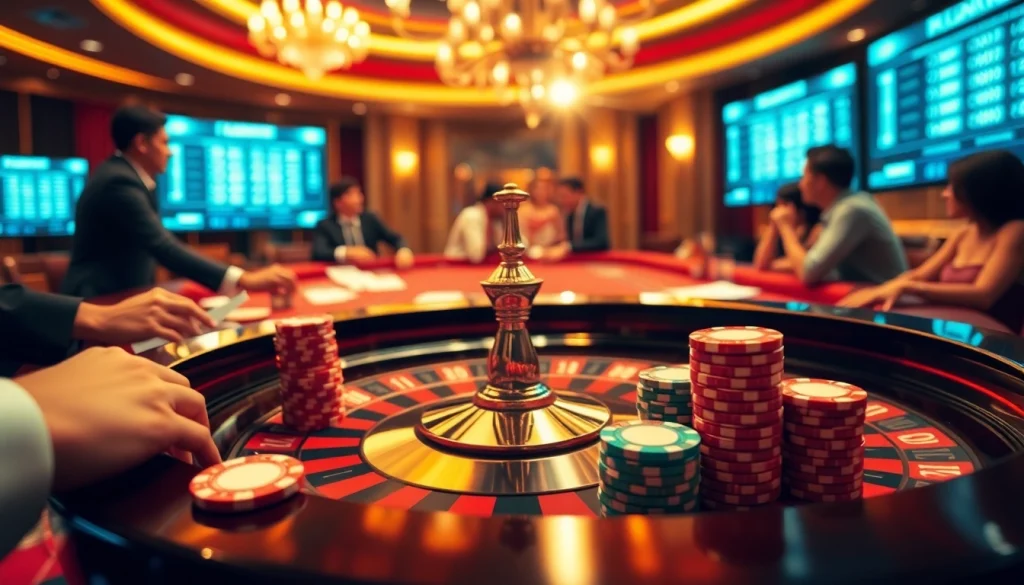 Kèo nhà cái odds displayed prominently on a luxurious casino table bustling with players.