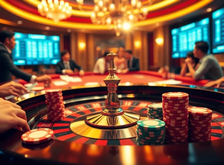 Kèo nhà cái odds displayed prominently on a luxurious casino table bustling with players.