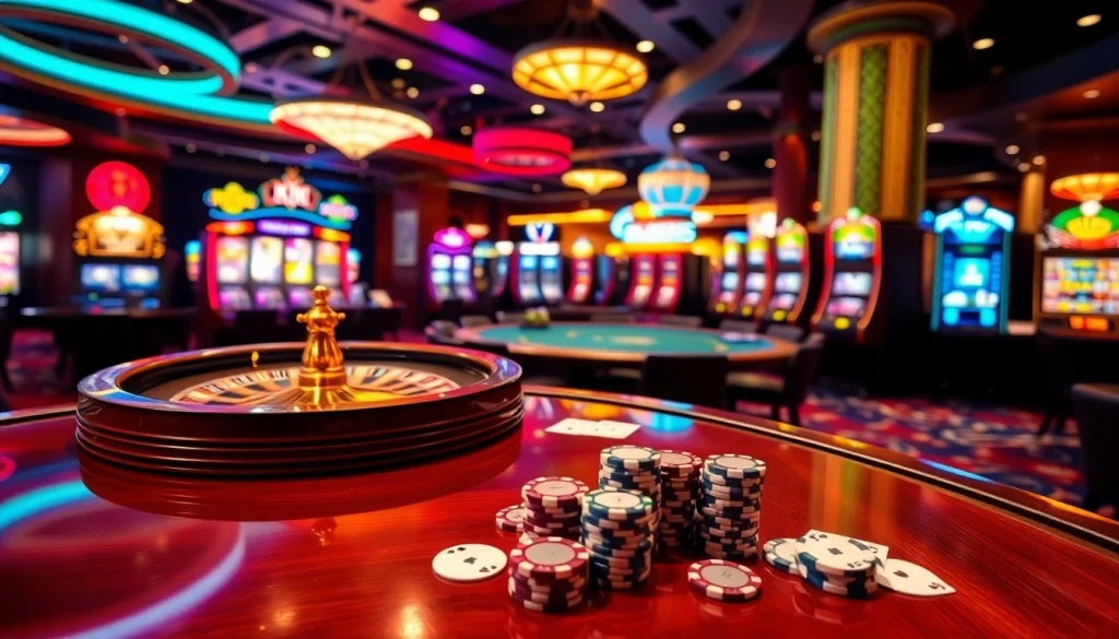 KJC casino experience with vibrant roulette wheel and colorful gaming tables.