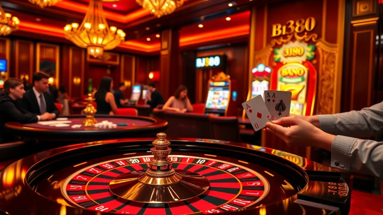 BJ88 players engage at a vibrant casino table, highlighting excitement and luxury.