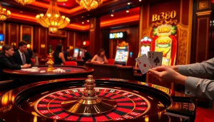 BJ88 players engage at a vibrant casino table, highlighting excitement and luxury.