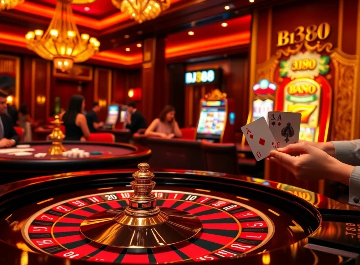 BJ88 players engage at a vibrant casino table, highlighting excitement and luxury.