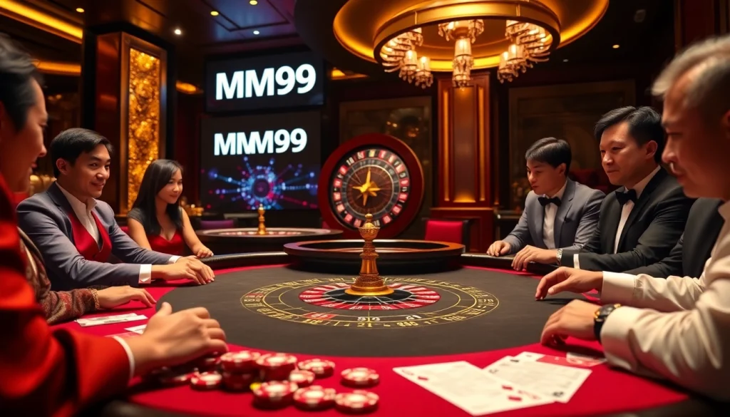Experience thrilling game action at MM99 casino with vibrant poker chips and a roulette wheel.